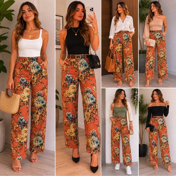 Zara Pants - Zara Floral Wide-Leg Pants in Rust and Blue